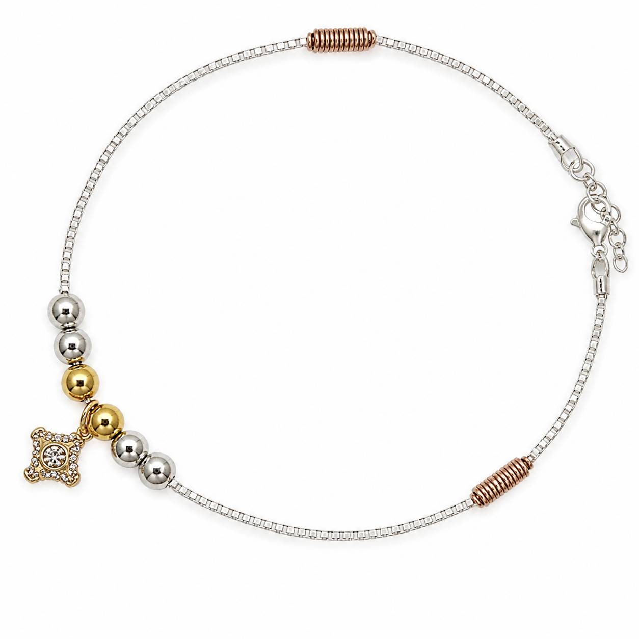 Silvme delicate square CZ charm 925 silver anklet with a dainty square CZ charm on a fine chain, full-length view