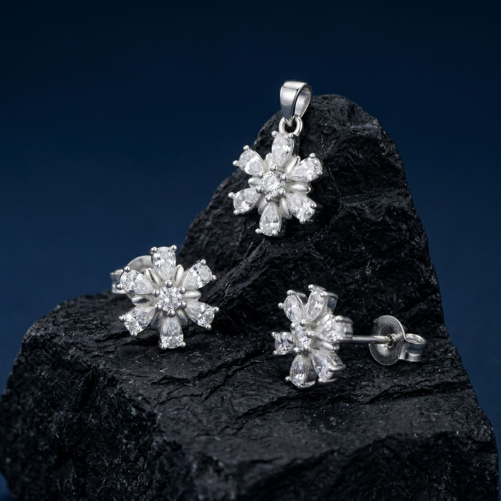 Silvme pure 925 sterling silver snowflake pendant and stud earrings set with cubic zirconia, side profile view