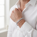 End links and fastening detail on the Silvme slim textured link bracelet