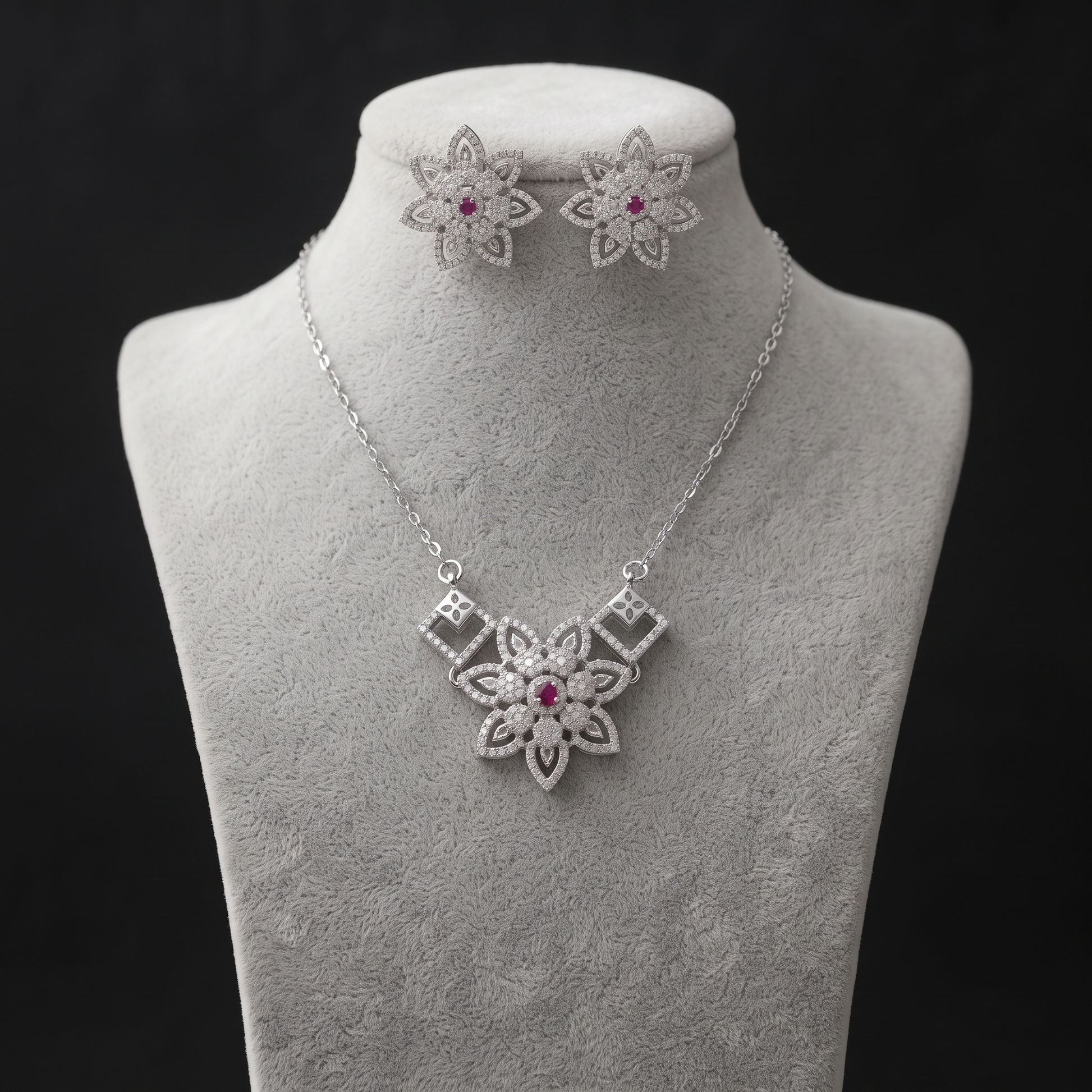 Silvme pure 925 sterling silver sparkling cubic zirconia pendant necklace and stud earrings set with cubic zirconia, matching earrings close-up