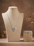 Silvme pure 925 sterling silver ornate petal pendant necklace and stud earrings set with cubic zirconia, detail sparkle close-up