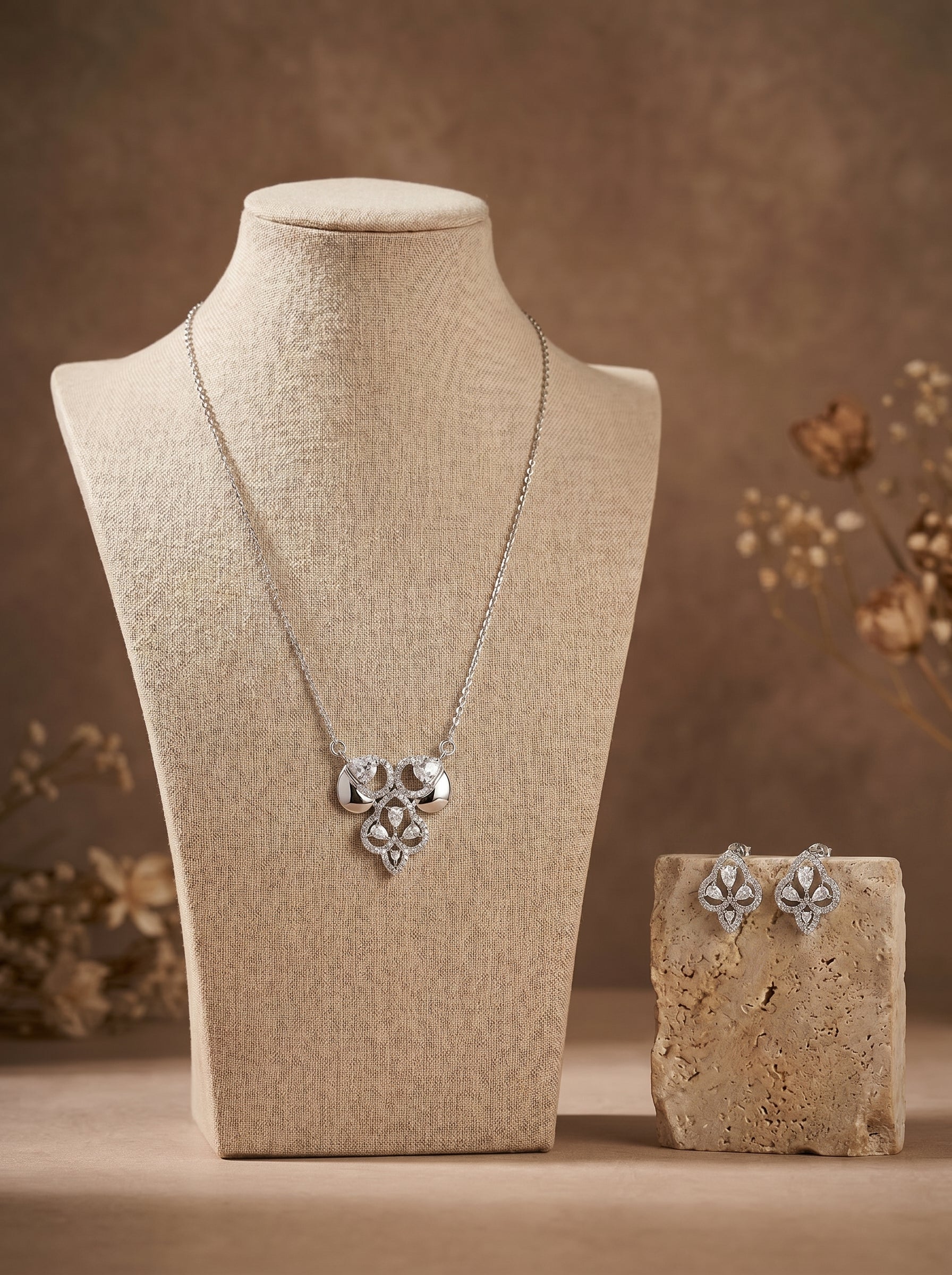 Silvme pure 925 sterling silver ornate petal pendant necklace and stud earrings set with cubic zirconia, detail sparkle close-up