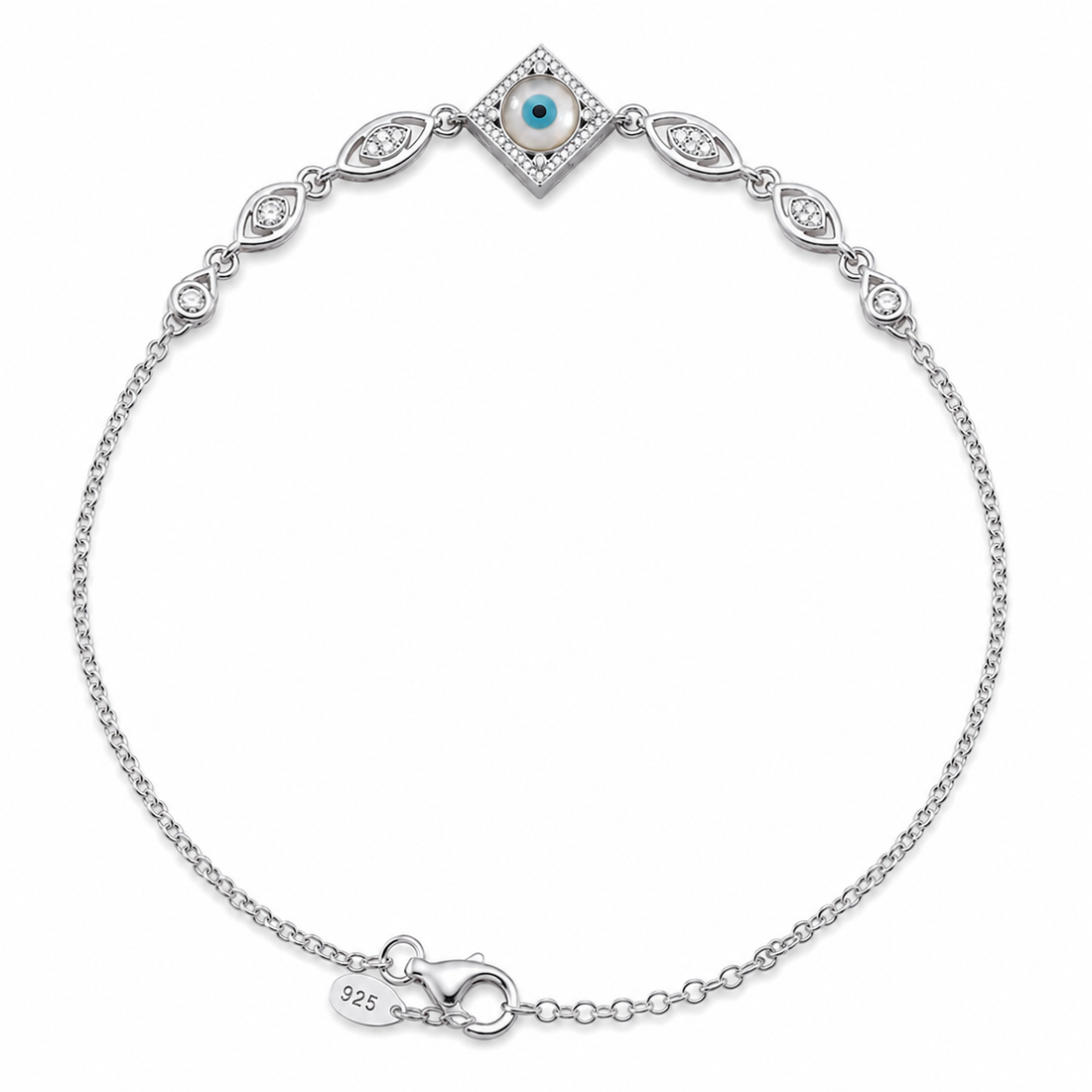 Silvme 925 sterling silver rhombus CZ evil eye anklet with a rhombus CZ frame around an evil-eye, white background full view