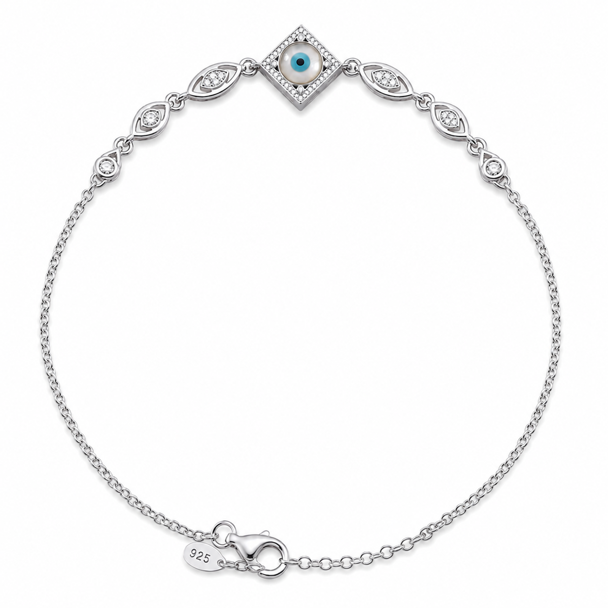 Silvme 925 sterling silver rhombus CZ evil eye anklet with a rhombus CZ frame around an evil-eye, white background full view