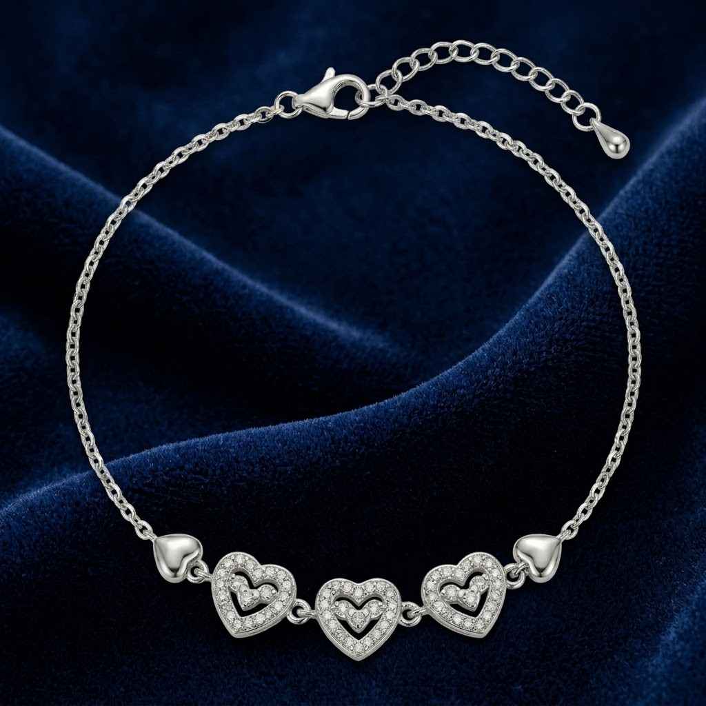Silvme Triple Heart Pavé Charm Bracelet in 925 silver, styled for daily wear, minimal modern styling