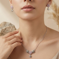 Geometric Pink 925 sterling silver pendant necklace and stud earrings jewellery set with pink cubic zirconia by Silvme â€” full necklace and earrings view