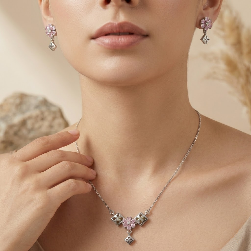 Geometric Pink 925 sterling silver pendant necklace and stud earrings jewellery set with pink cubic zirconia by Silvme â€” full necklace and earrings view