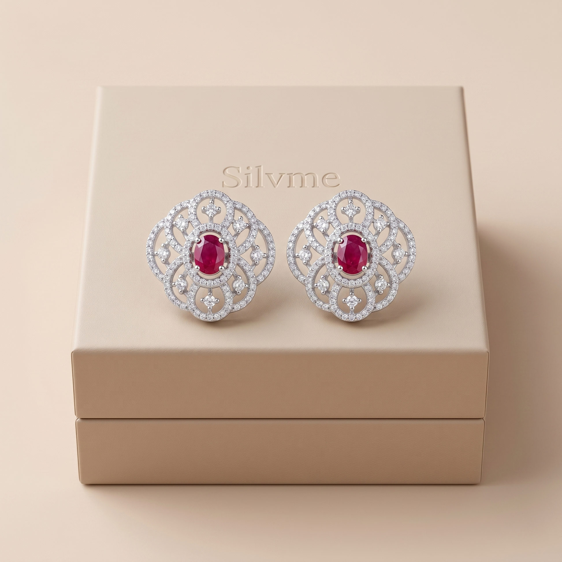 Pink Oval Filigree-Halo Stud Earrings, additional product view 7