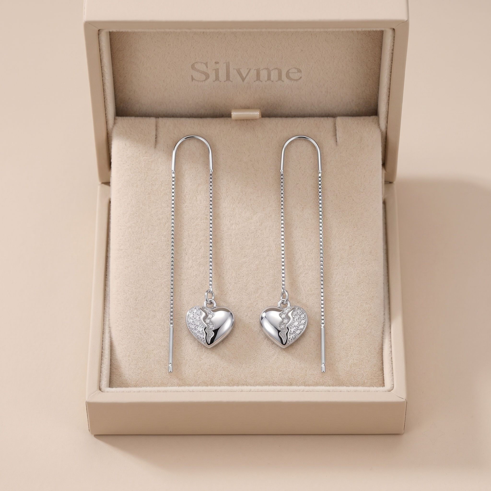 Silvme Pure 925 Sterling Silver Split Heart Pave CZ Threader Earrings — View 8