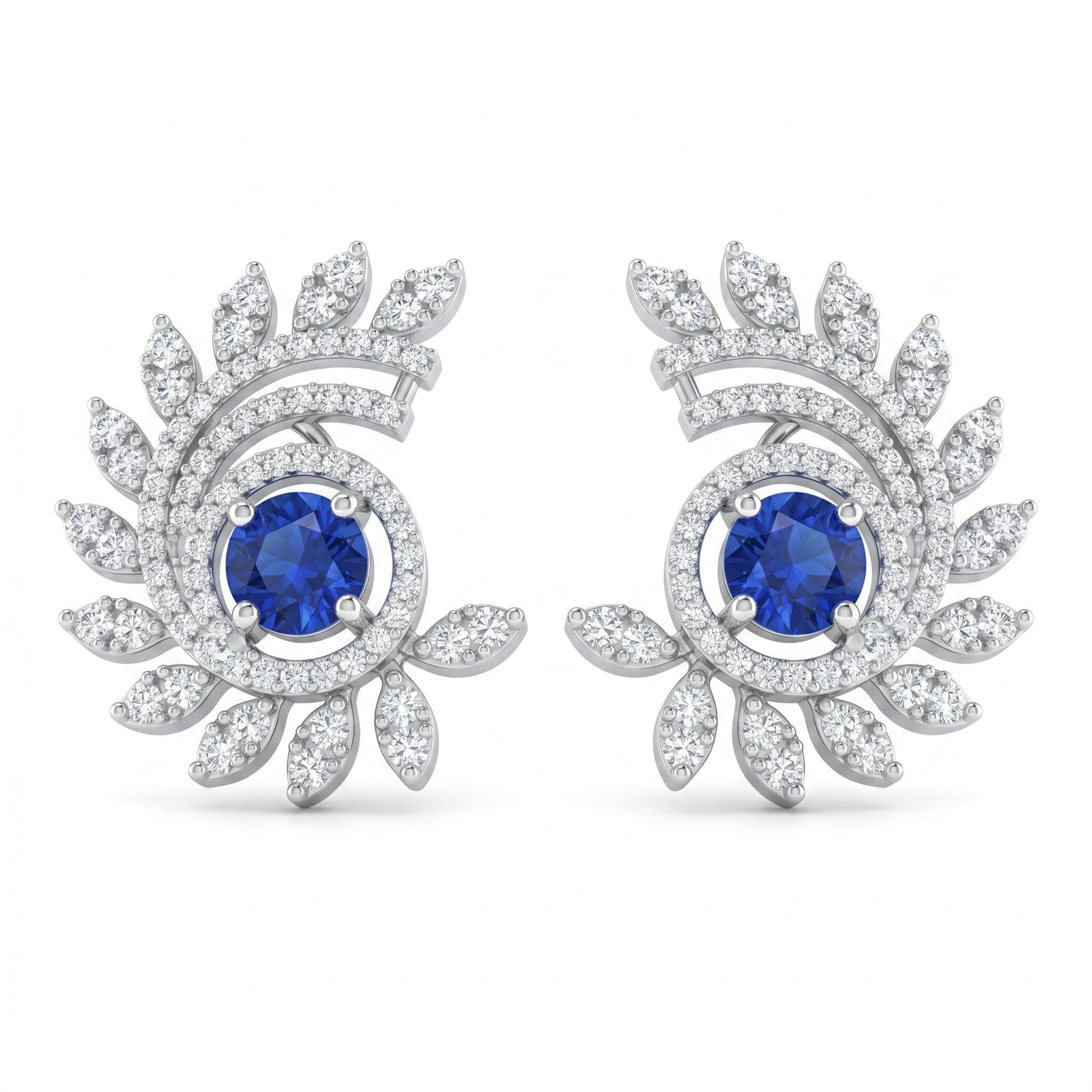 Blue Stone-Set Halo Feather-Leaf Stud Earrings, front product view