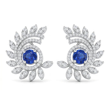 Blue Stone-Set Halo Feather-Leaf Stud Earrings, front product view