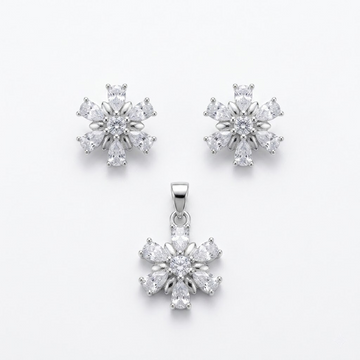 Silvme pure 925 sterling silver snowflake pendant and stud earrings set with cubic zirconia, front view on white background