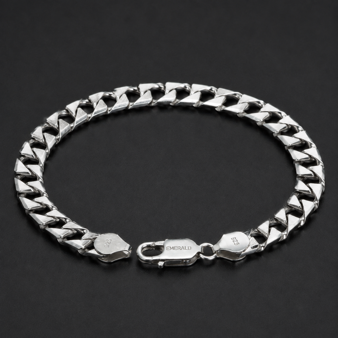 Silvme 925 sterling silver solid flat curb chain bracelet for men shaped into an oval on a white background