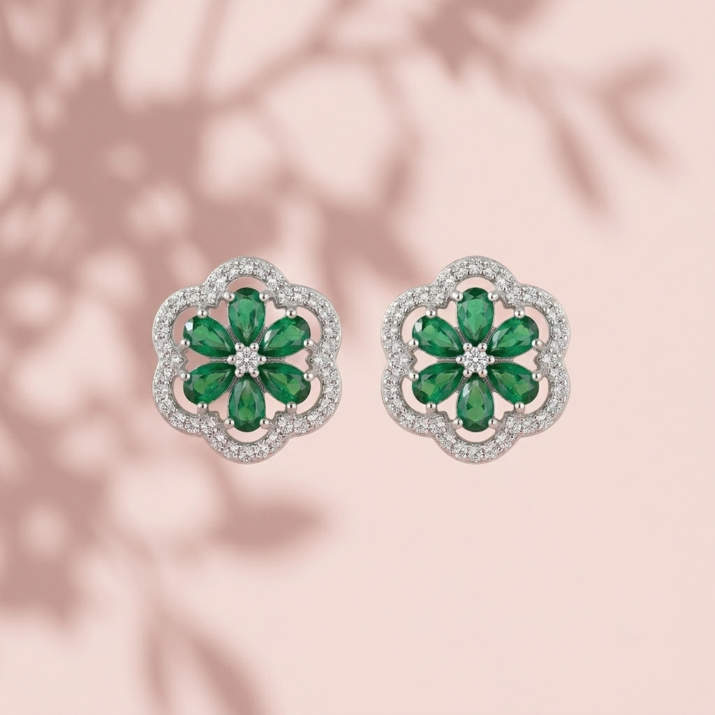 Green Four-Petal Floral Stud Earrings, additional product view 3