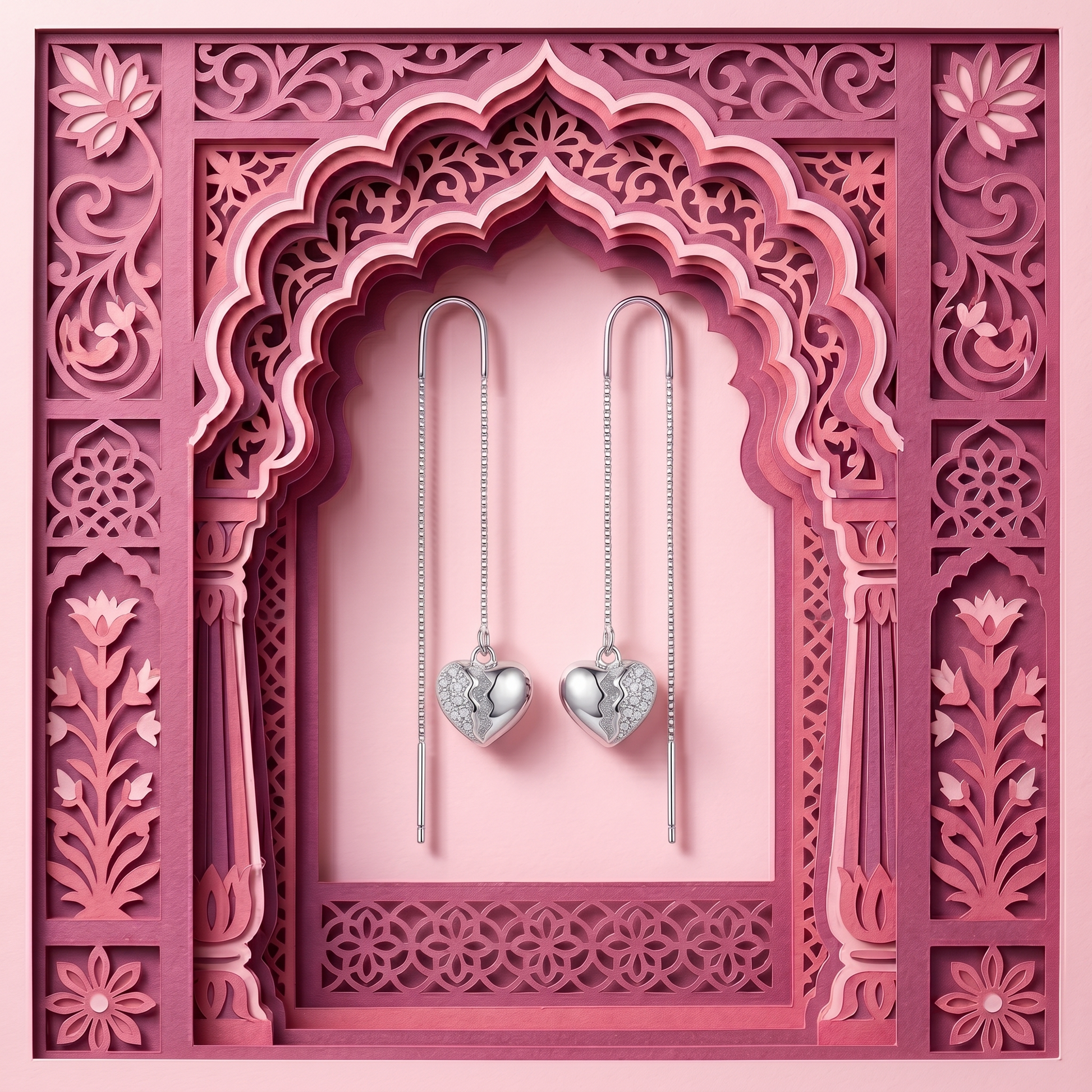 Split Heart Pave Stone-Set Threader Earrings, close-up detail