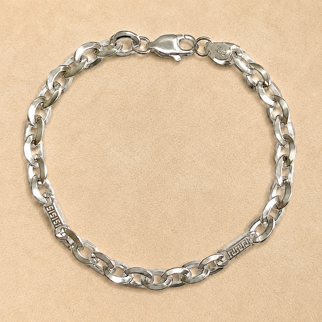 Silvme 925 sterling silver greek key mariner bracelet for men shaped into an oval on a white background