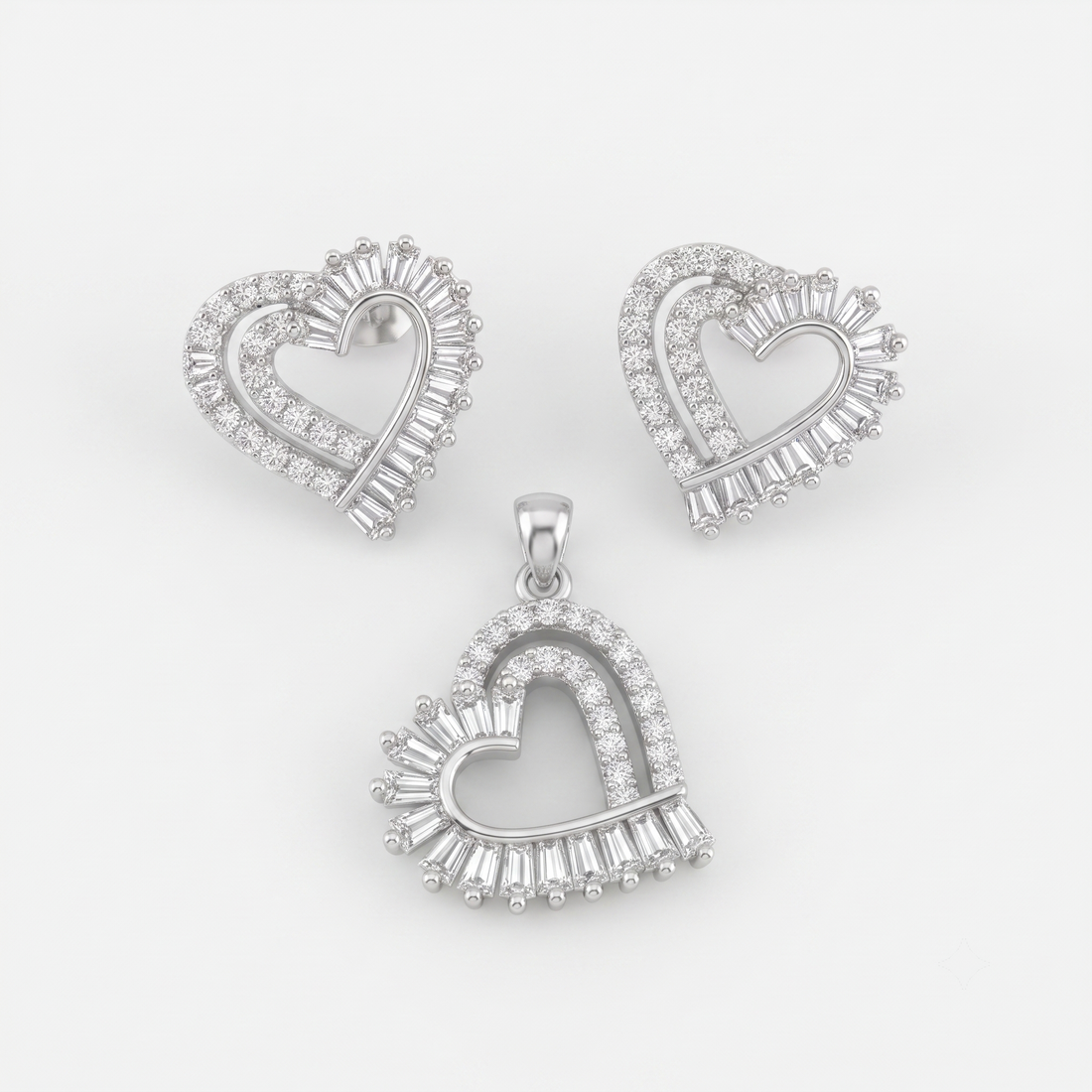 Baguette Heart 925 sterling silver pendant and stud earrings jewellery set with cubic zirconia by Silvme â€” lifestyle gift image