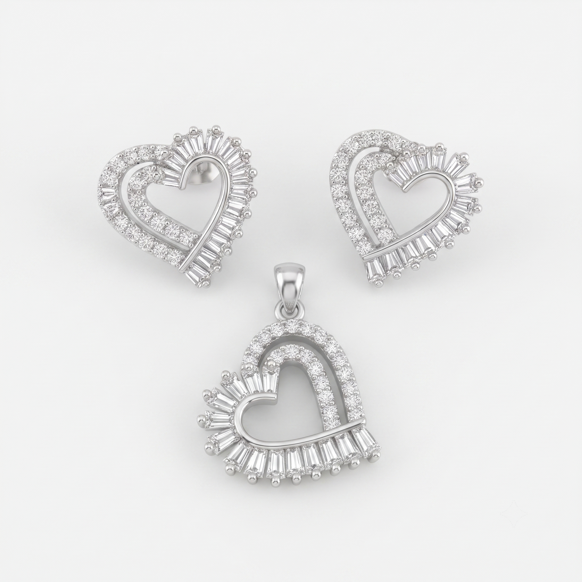 Baguette Heart 925 sterling silver pendant and stud earrings jewellery set with cubic zirconia by Silvme â€” lifestyle gift image
