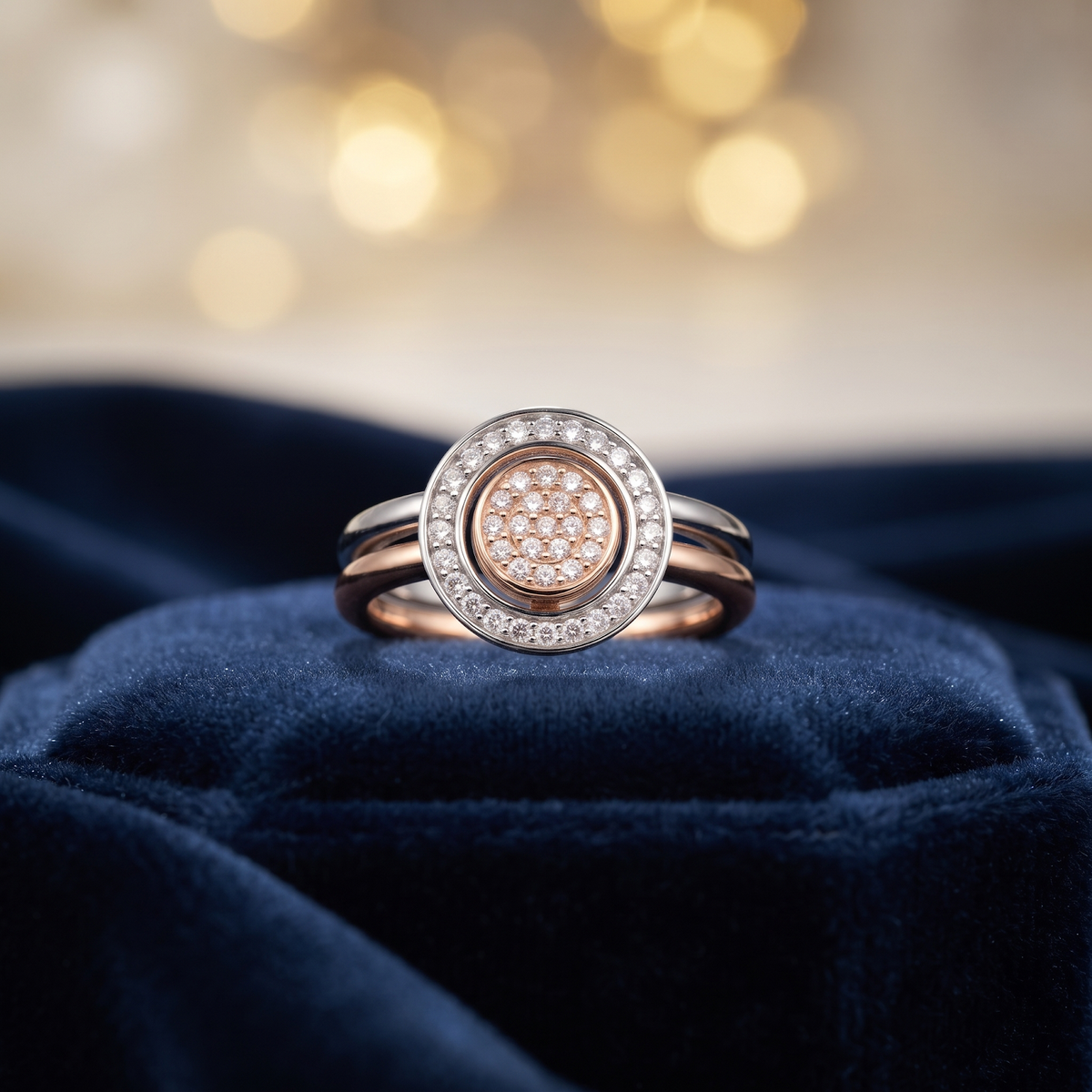 Silvme Circle Solitaire with cubic zirconia 925 sterling silver circle ring for women, two-tone rose gold and silver, open heart ring, two tone heart ring, angled side view