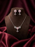 Silvme pure 925 sterling silver geometric pink pendant necklace and stud earrings set with pink cubic zirconia, detail sparkle close-up