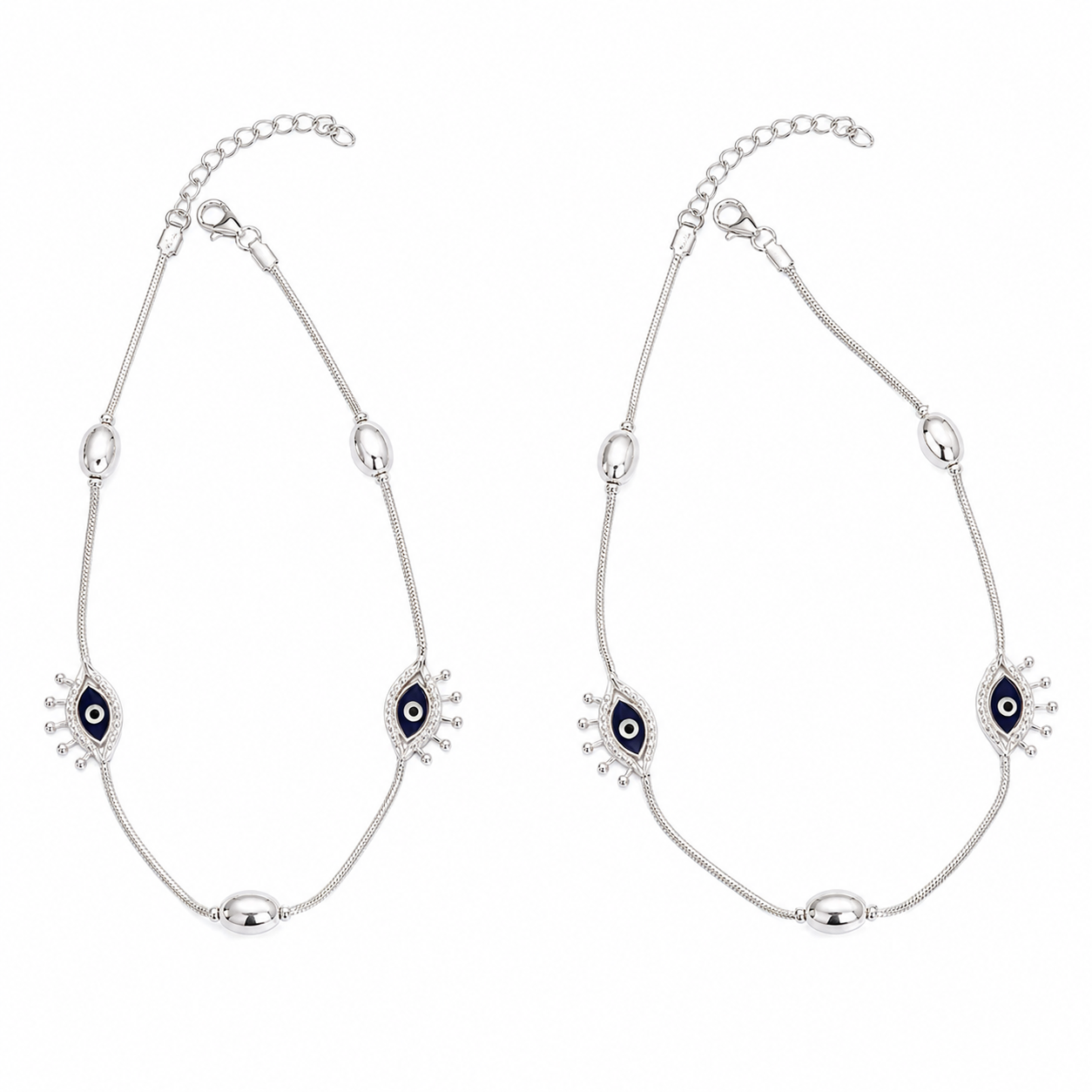 Charm, bead and chain detail on the Silvme evil eye charm 925 silver anklet payal