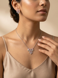 Pink Drop Cluster 925 sterling silver pendant necklace and stud earrings jewellery set with pink cubic zirconia by Silvme â€” angled view