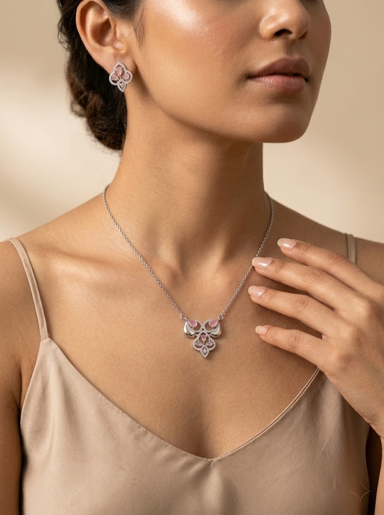 Pink Drop Cluster 925 sterling silver pendant necklace and stud earrings jewellery set with pink cubic zirconia by Silvme â€” angled view