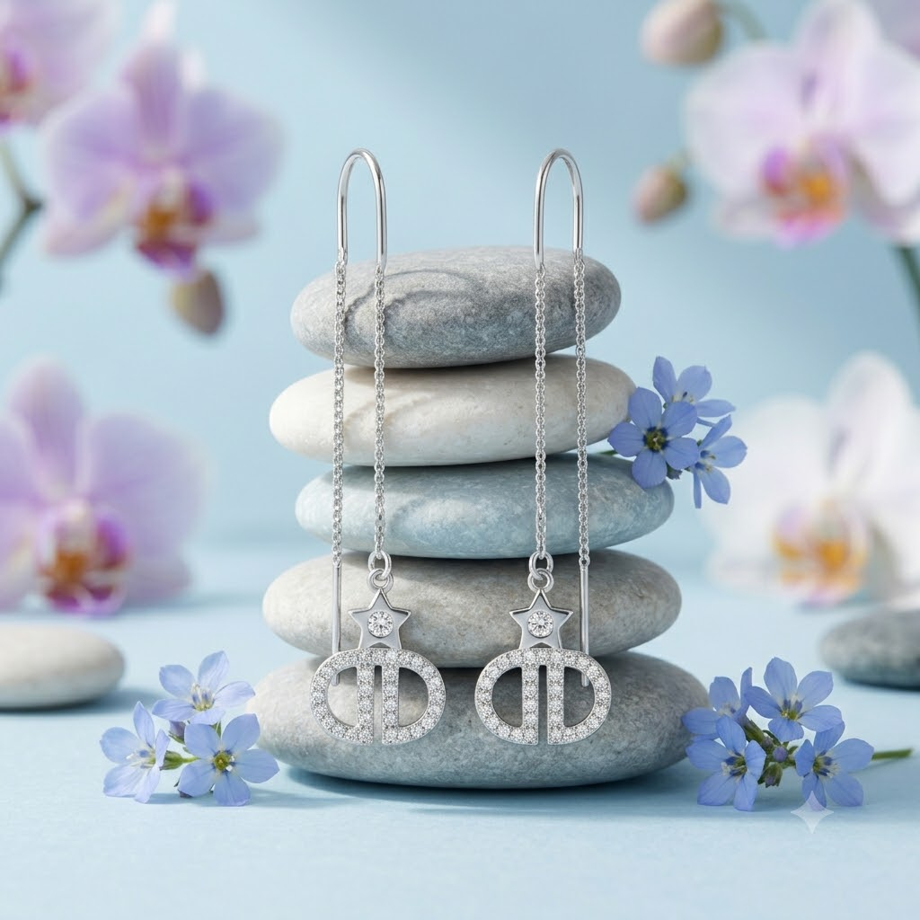 Geometric Monogram Threader Earrings, additional product view 3