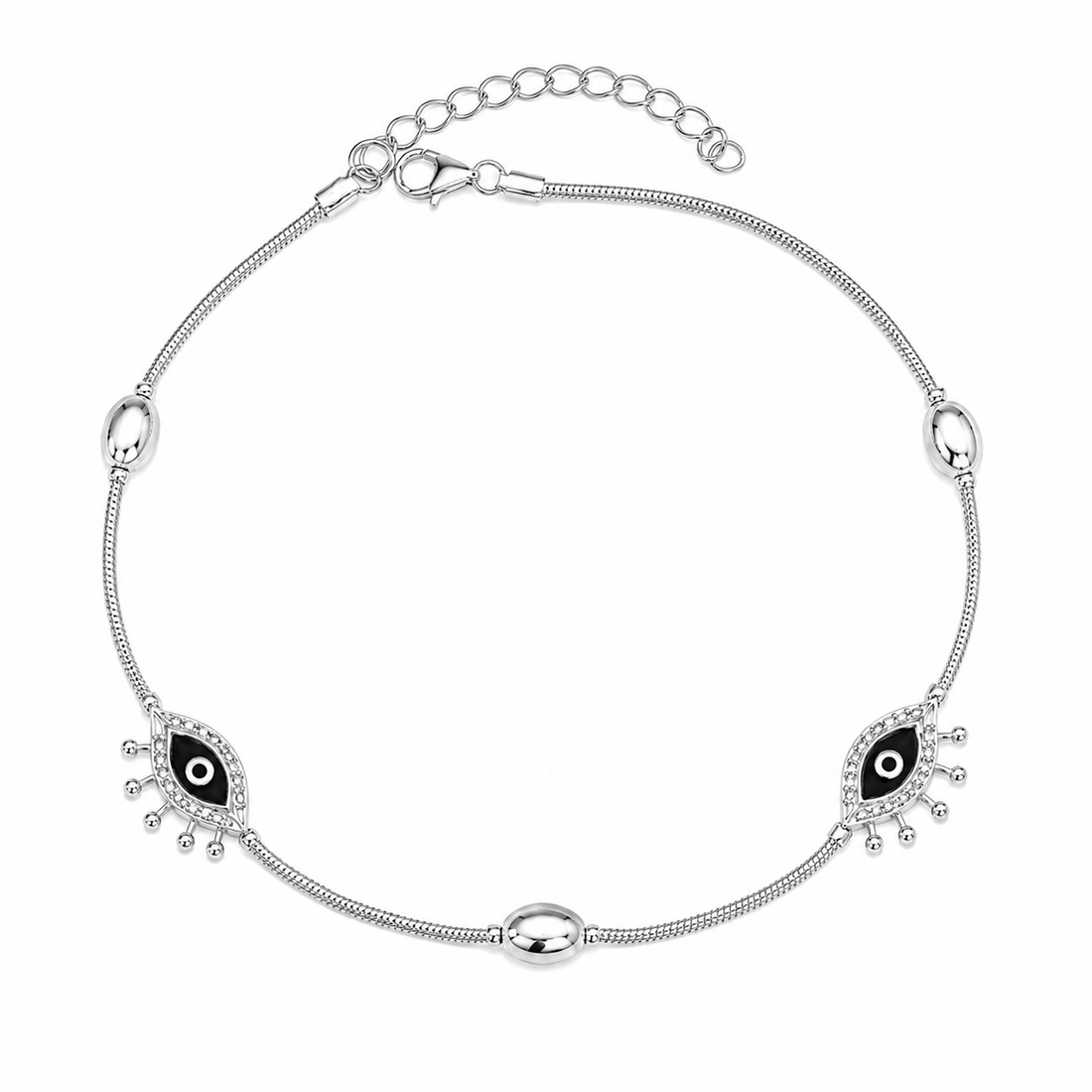 Silvme 925 sterling silver evil eye charm anklet with twin lashed evil-eye charms and oval beads, white background full view