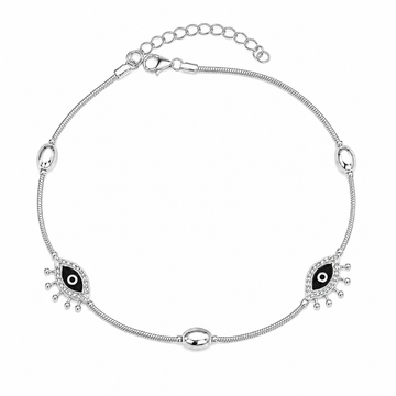 Silvme 925 sterling silver evil eye charm anklet with twin lashed evil-eye charms and oval beads, white background full view