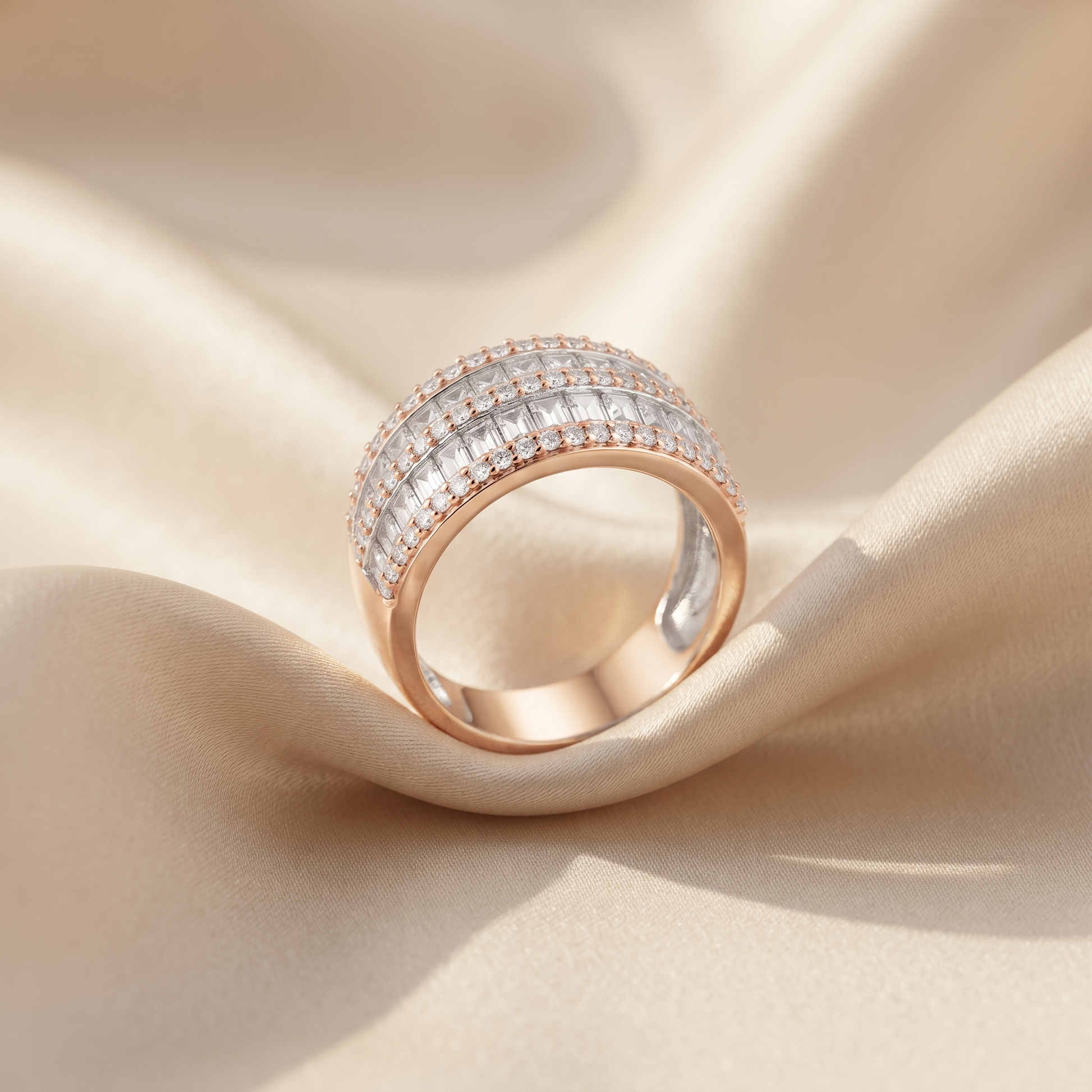Triple row CZ statement ring for women in real 925 sterling silver, 92.5% pure, polished to a bright shine