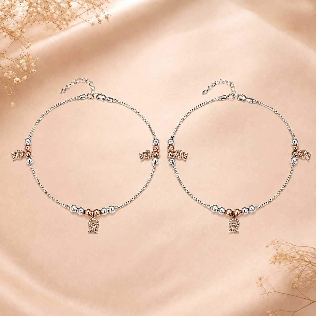 Charm, bead and chain detail on the Silvme rose-gold CZ bell charm 925 silver anklet payal