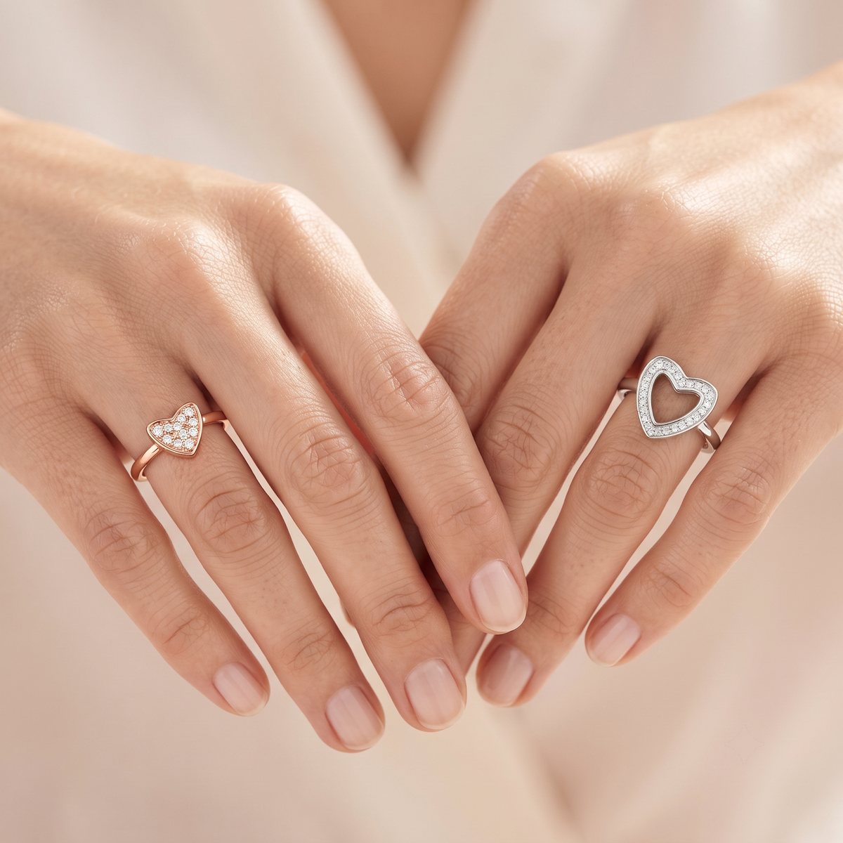 Silvme Heart Diamond with cubic zirconia 925 sterling silver heart ring for women, two-tone rose gold and silver, everyday silver ring, office wear ring, angled side view