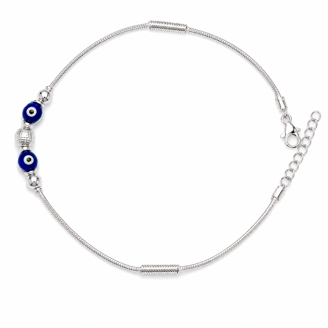 Silvme 925 sterling silver blue evil eye snake chain anklet with twin blue evil-eye beads on a snake chain, white background full view