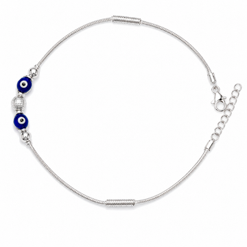 Silvme 925 sterling silver blue evil eye snake chain anklet with twin blue evil-eye beads on a snake chain, white background full view