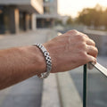 End links and fastening detail on the Silvme panel link bracelet