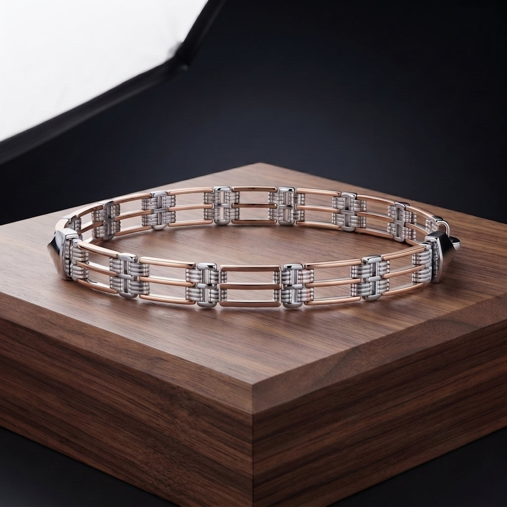 Silvme 925 sterling silver rose gold-tone panel bracelet for men displayed on a wooden block