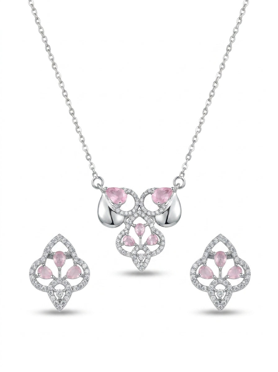 Silvme 925 silver pink drop cluster pendant necklace and stud earrings with pink cubic zirconia, side profile view