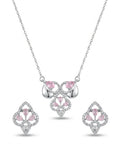 Silvme 925 silver pink drop cluster pendant necklace and stud earrings with pink cubic zirconia, side profile view