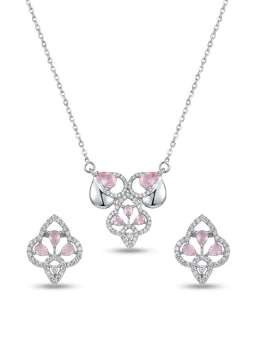 Silvme 925 silver pink drop cluster pendant necklace and stud earrings with pink cubic zirconia, side profile view