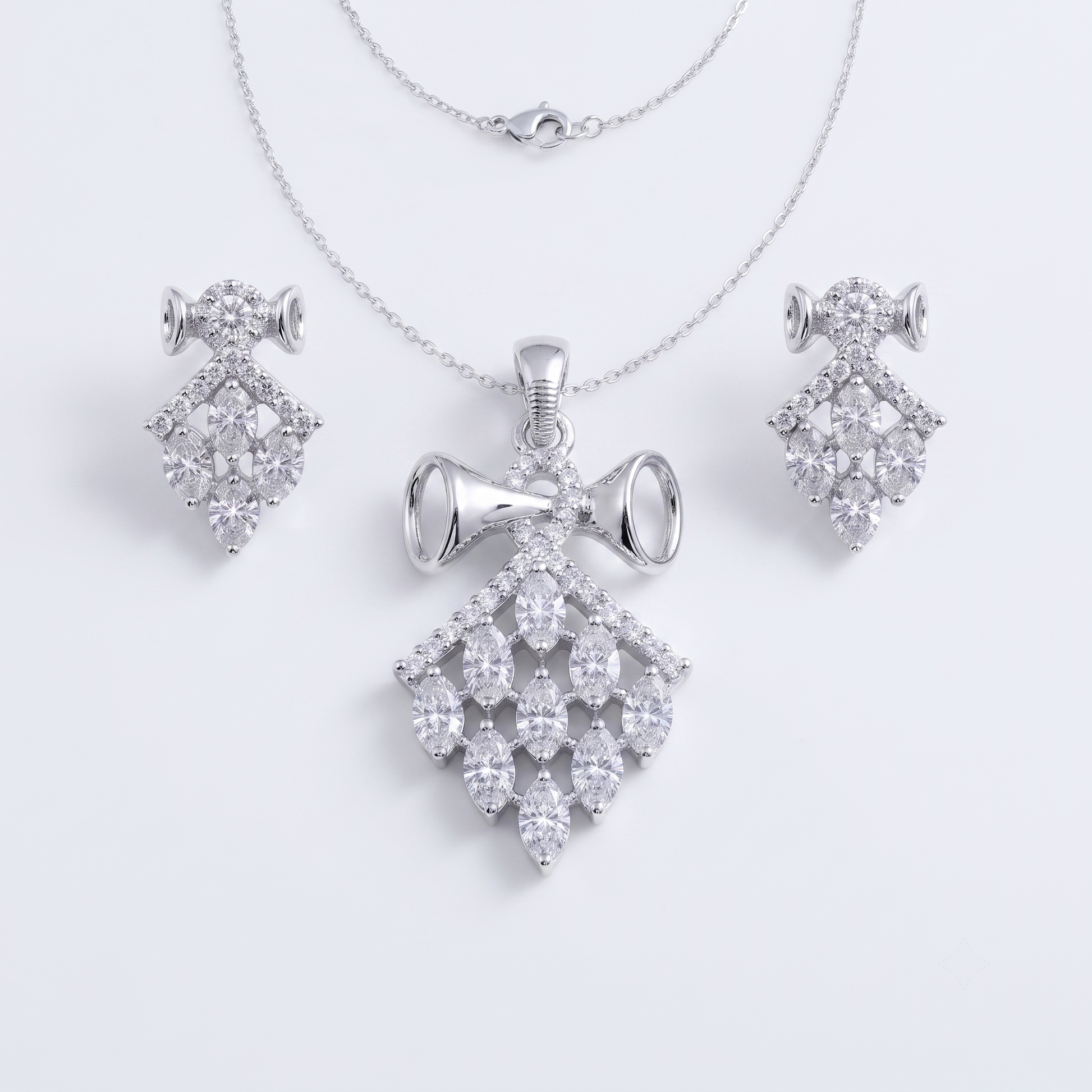 Silvme pure 925 sterling silver kite cluster pendant necklace and drop earrings set with cubic zirconia, styled product image