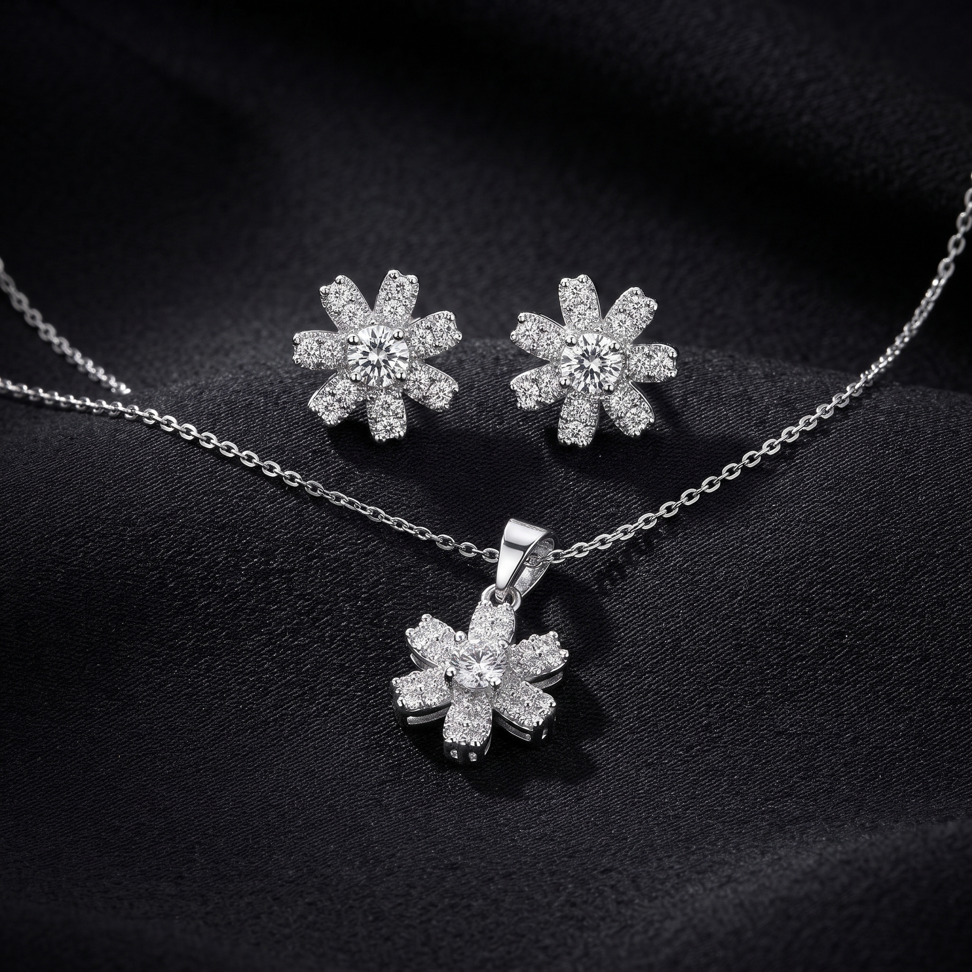Silvme 925 silver blossom flower pendant and stud earrings with cubic zirconia, gift styling view