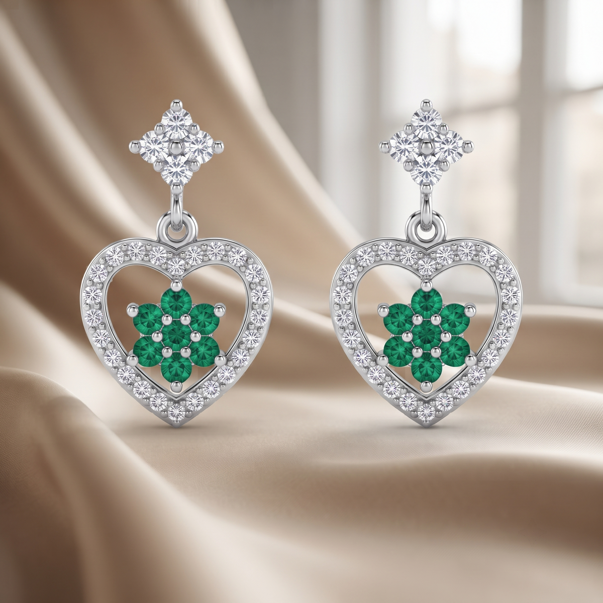 Green Floral Heart Drop 925 silver drop stud earrings for women, gift for wife, angled studio view