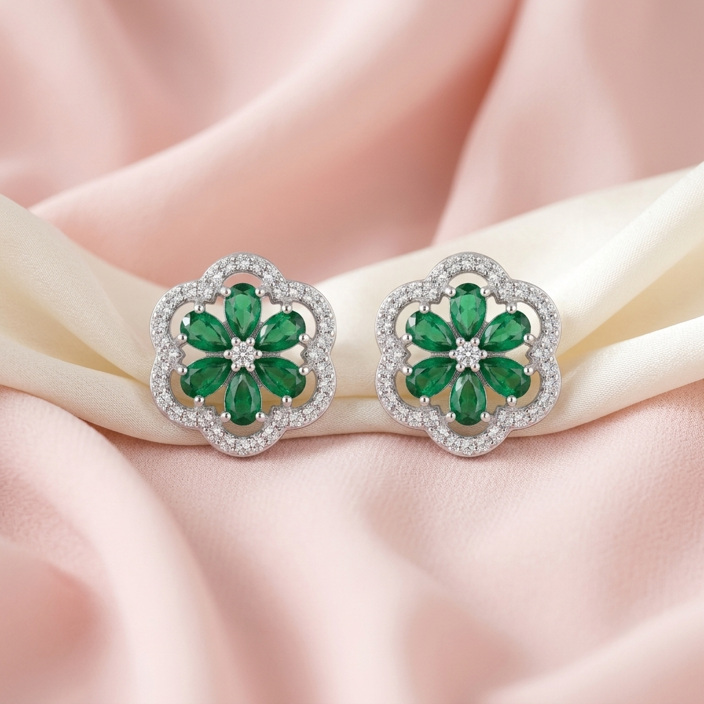 Green Four-Petal Floral Stud Earrings, additional product view 7