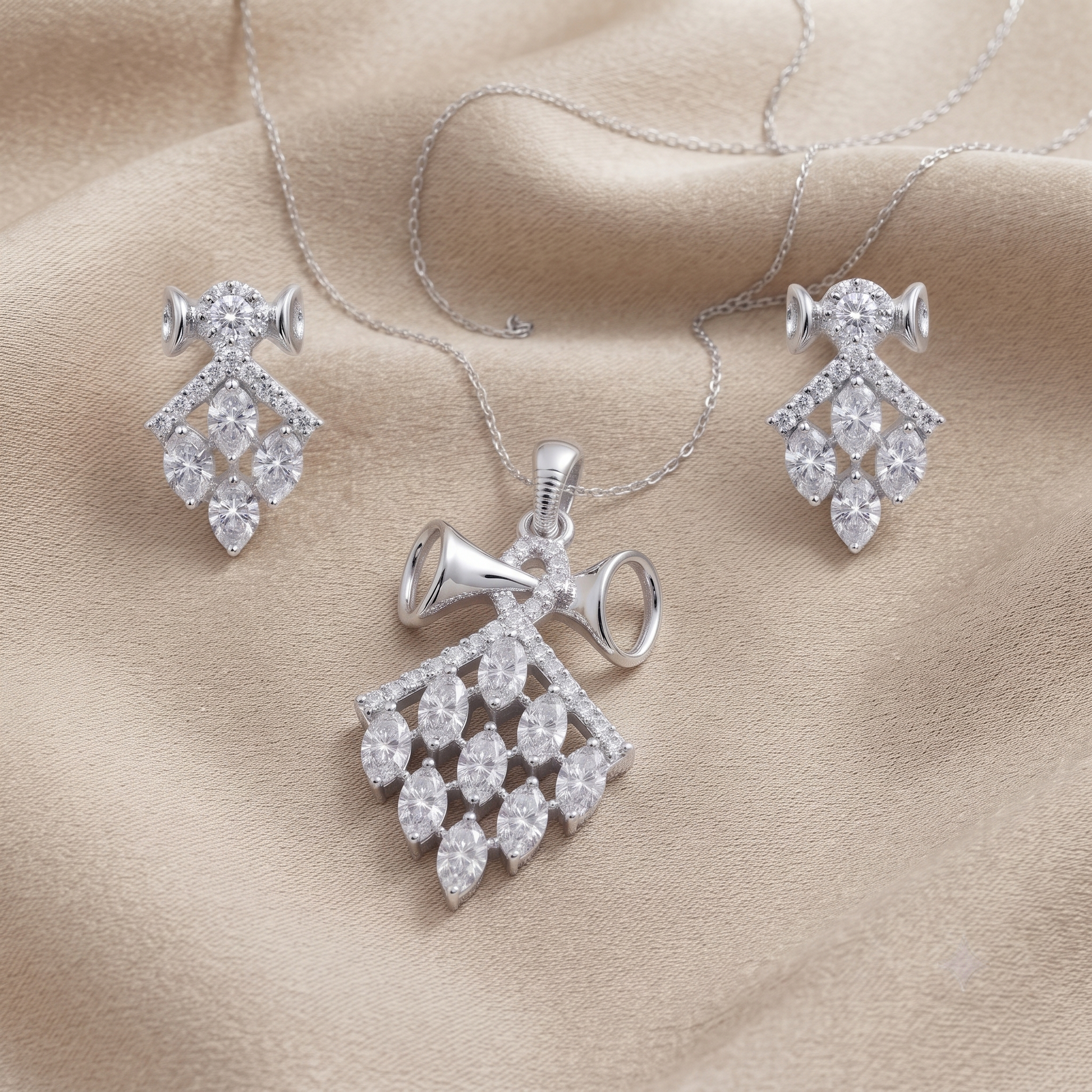 Silvme 925 silver kite cluster pendant necklace and drop earrings with cubic zirconia, gift styling view