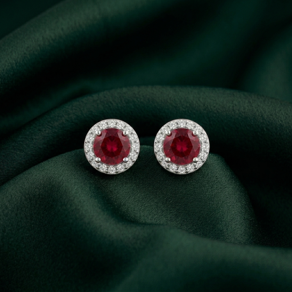 Red Round Halo Stud Earrings, additional product view 8