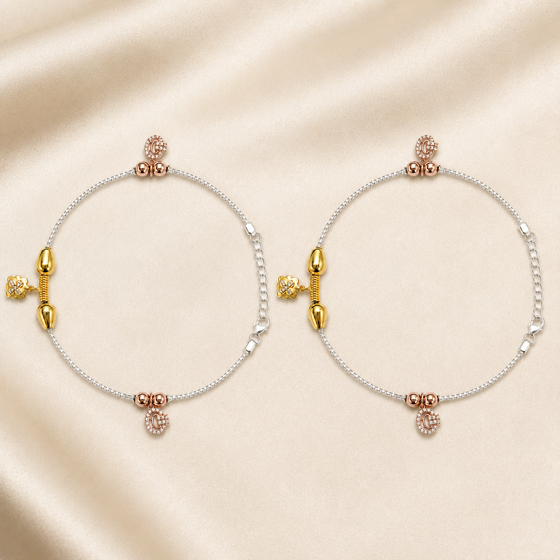 Silvme 925 sterling silver gold & rose-gold charm anklet with gold beads with floral and rose-gold CZ charms, white background full view