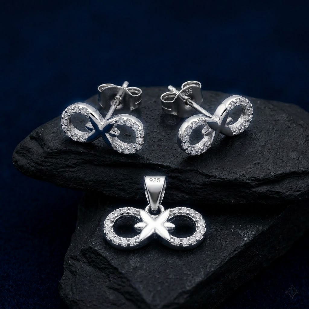 Silvme pure 925 sterling silver ribbon bow pendant and stud earrings set with cubic zirconia, front view on white background