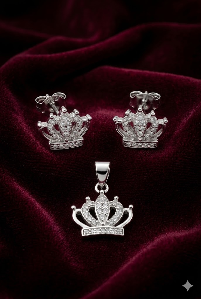 Silvme pure 925 sterling silver crown pendant and stud earrings set with cubic zirconia, front view on white background