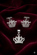 Crown 925 sterling silver pendant and stud earrings jewellery set with cubic zirconia by Silvme â€” angled studio view